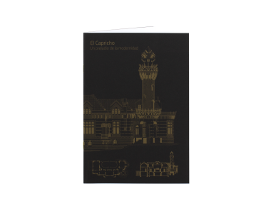 cuaderno con tapa negra ilustrada con un boceto dorado del Capricho de Gaudí