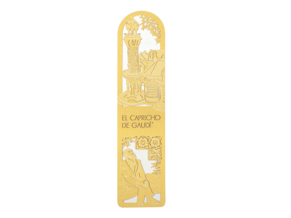 marque-page doré découpé au laser montrant El Capricho et Antoni Gaudí