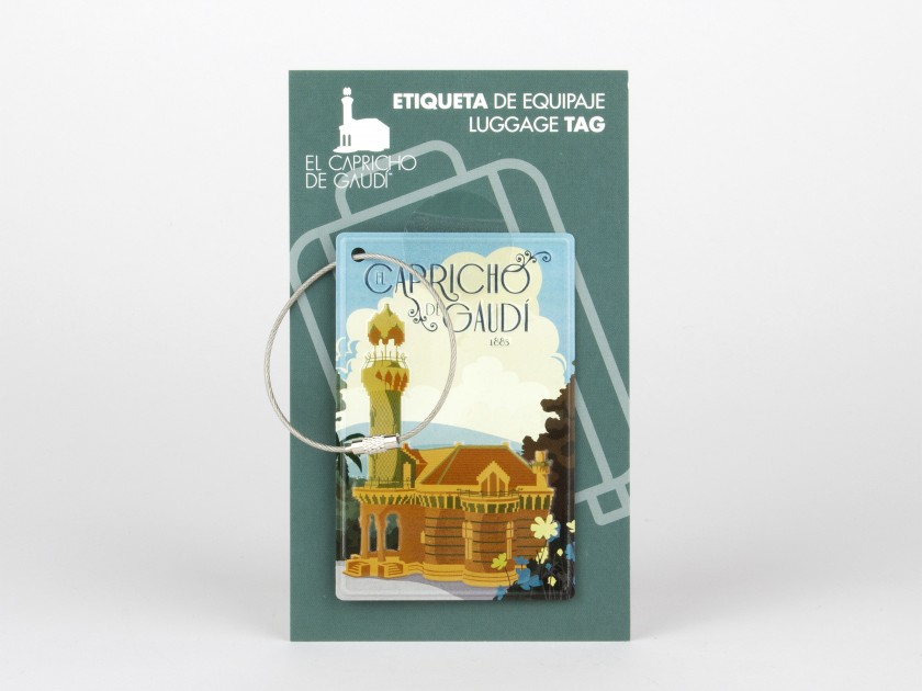 etiqueta de equipaje con una ilustración de época del Capricho de Gaudí