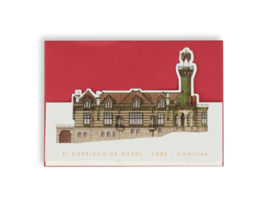 tarjeta postal que muestra el Capricho de Gaudí con un sobre rojo