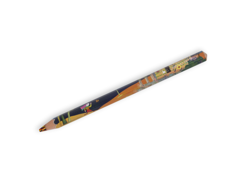 pencil with a multi-coloured lead, and a printed child's drawing