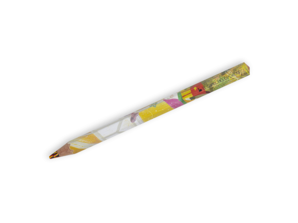 pencil with multi-colour lead and a printed child's drawing