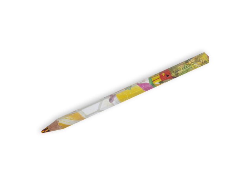 pencil with multi-colour lead and a printed child's drawing