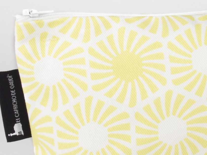 yellow wash bag with printed hexagonal patterns