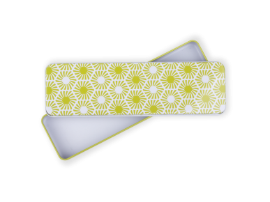 yellow pencil box with printed hexagonal patterns