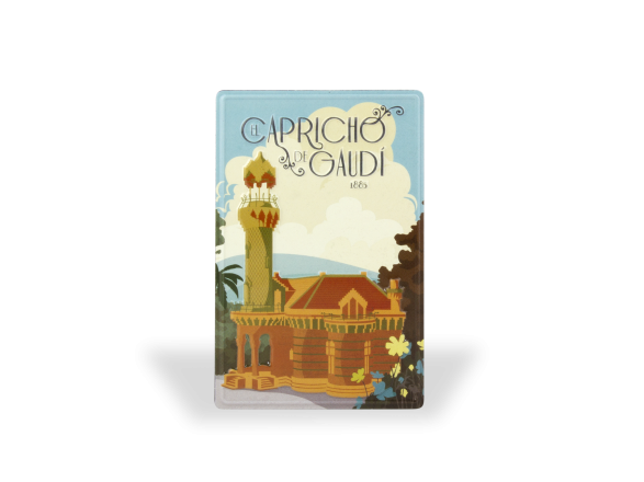 imán rectangular con un dibujo antiguo del Capricho de Gaudí