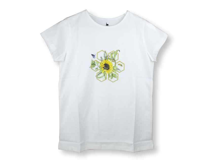 white t-shirt with a sunflower printed in the centre