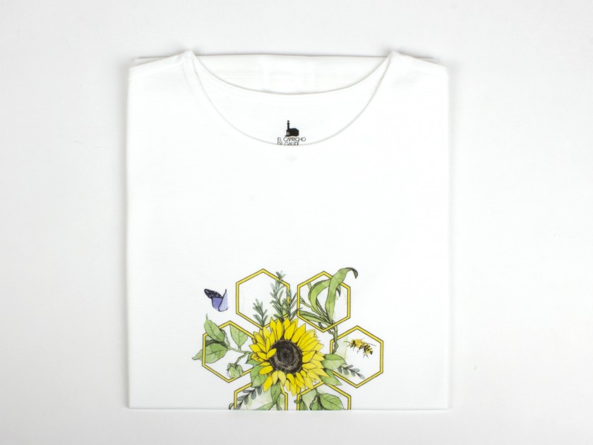 white t-shirt with a sunflower printed in the centre
