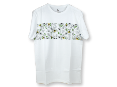 white t-shirt with a band of sunflowers printed on the chest