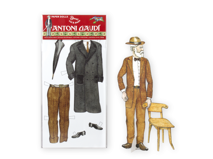 paper figure of Antoni Gaudí next to its packaging