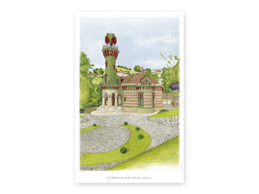 vertical poster of a colour illustration of Gaudí's Capricho