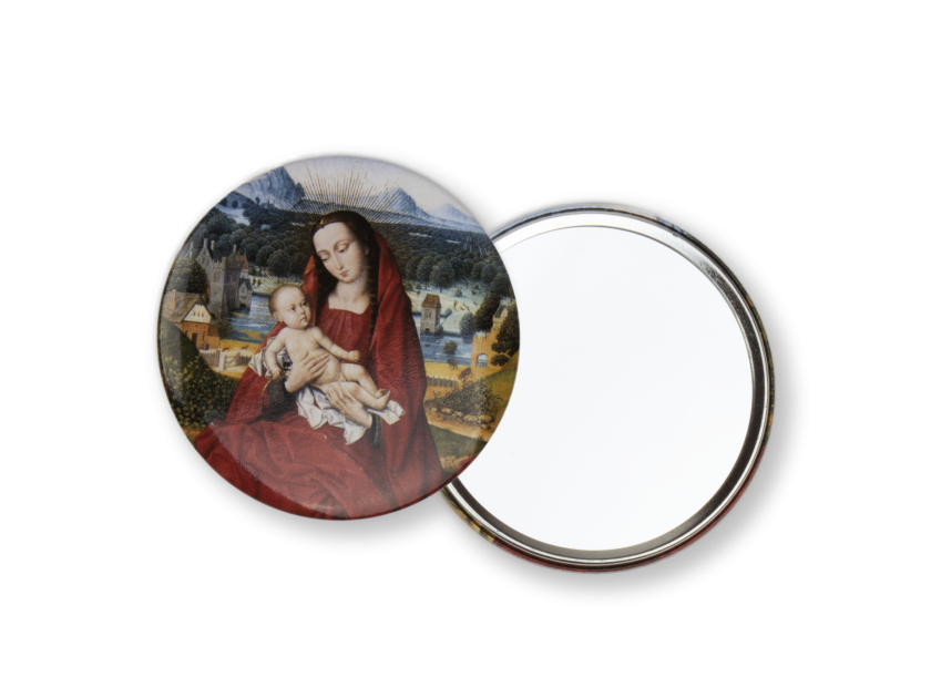 espejo de bolsillo redondo visto por detrás y por delante, ilustrado con una Virgen con el Niño