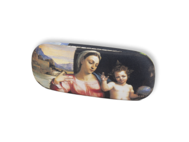 eyeglass case decorated with an illustration of a virgin and child