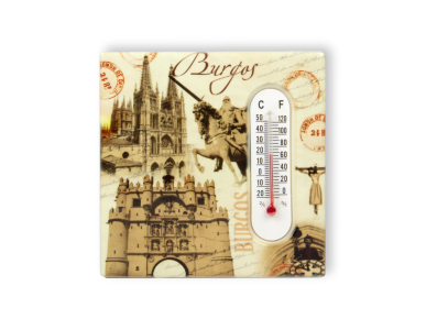 magnet decorated with an illustration of the Cid and the cathedral of Burgos and a thermometer set on it