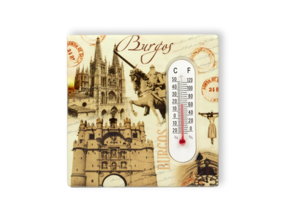 imán decorado con una ilustración del Cid y la catedral de Burgos y un termómetro pegado