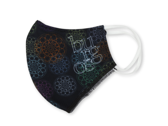 printed fabric face mask with several coloured rose window designs