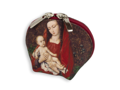 fabric purse decorated with an illustration of a virgin and child