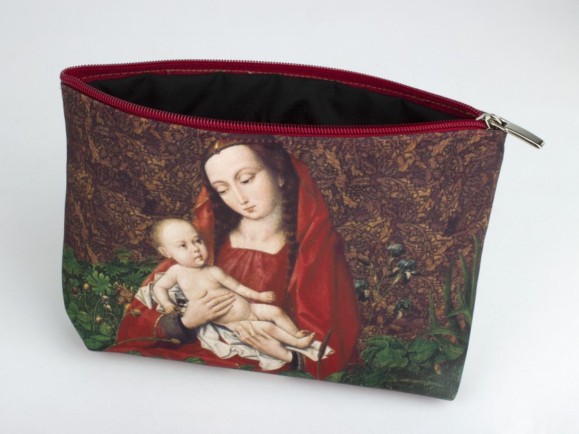 fabric wash bag decorated with an illustration of a virgin and child