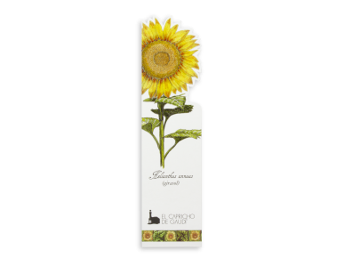 bookmark showing a cut-out sunflower and the Capricho logo by Gaudí