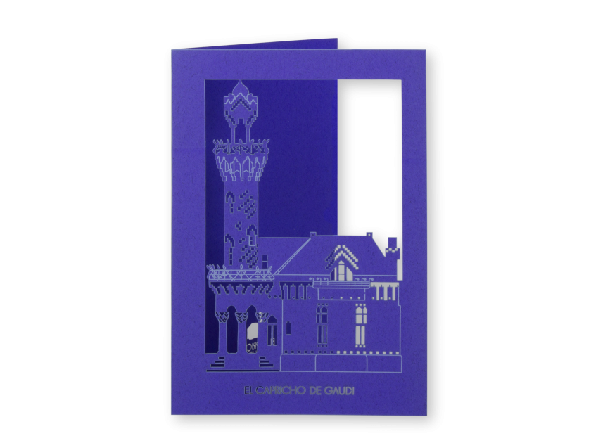 carte postale violette représentant le Capricho de Gaudí découpé au laser
