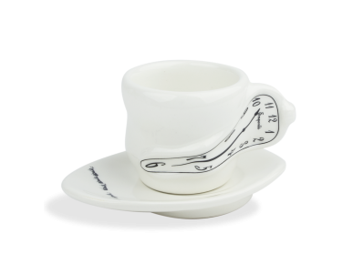 Black and white glazed ceramic coffee cup and saucer
