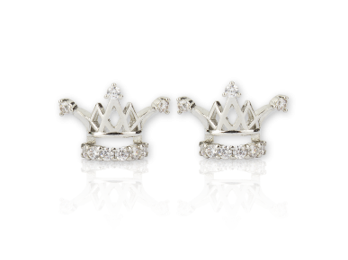 Boucles d'oreille en forme de couronnes argentées serties de cristaux transparents