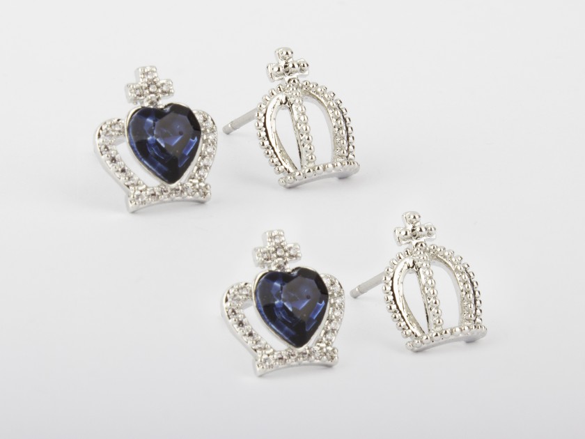 One pair of Clear Crystal Crown-shaped Earrings and one pair of Clear and Blue Crystal Crown-shaped Earrings